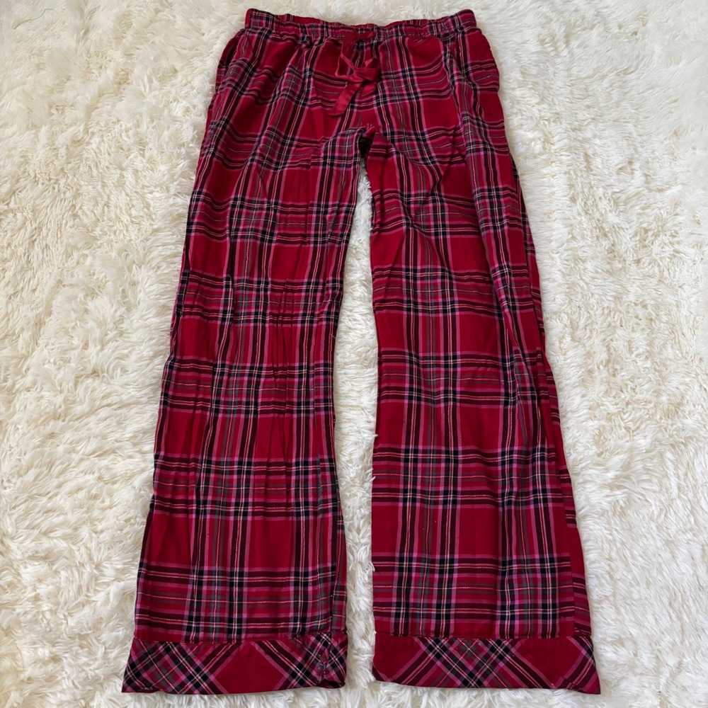 Victoria's Secret Red Pink Plaid Pajama Pants Metallic Sparkle M Regular